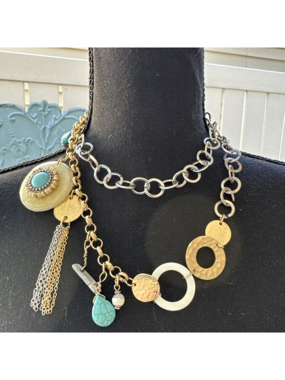 Chicos Silver Gold Tone Turquoise Bead Charm 42" Long Statement Necklace NEW